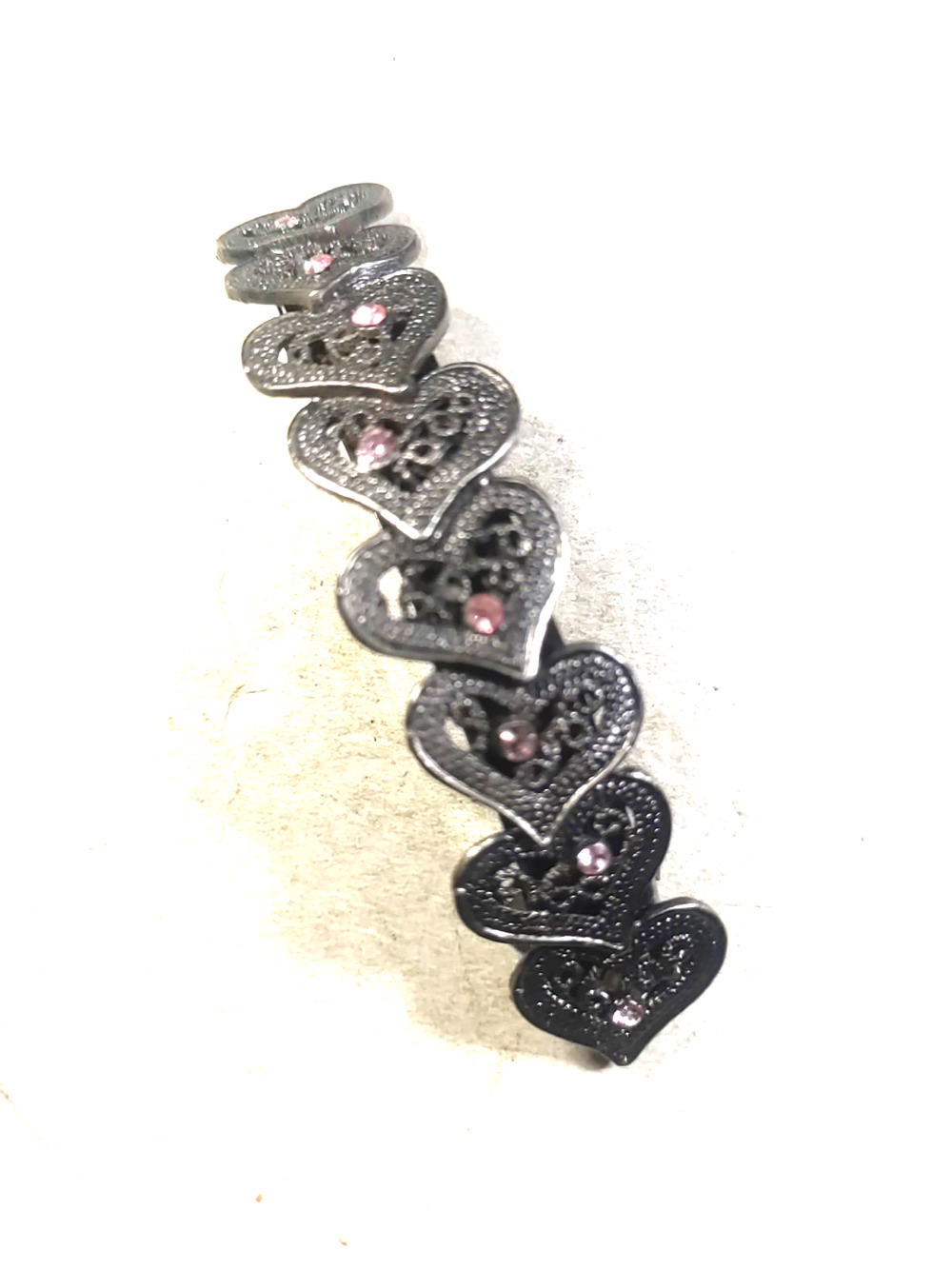 Gun Metal Tone Metal Hearts Pink Rhinestone Tension Clip Barrette